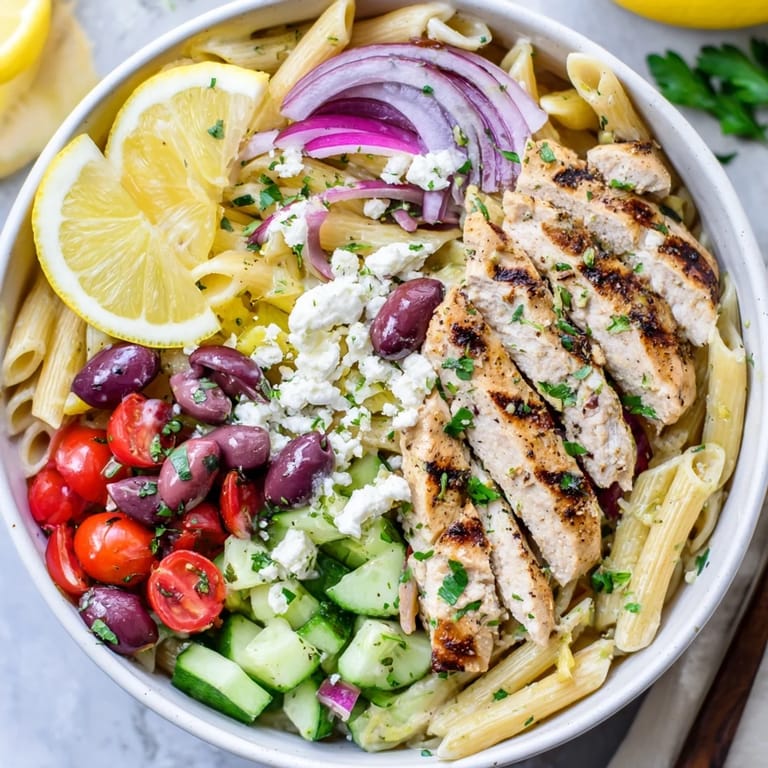 Savory Greek Chicken Pasta Bowl tossed with red onion, Dijon dressing, and Mediterranean vegetables served in a white bowl.