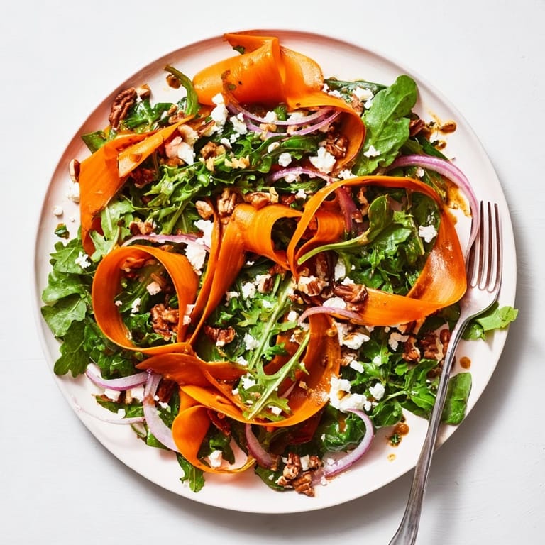 A close-up of the Roasted Carrot Ribbon Salad shows crumbled feta and toasted pecans adding texture to the greens.  