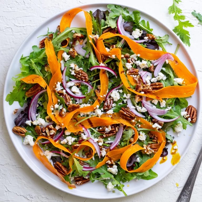 The Roasted Carrot Ribbon Salad is drizzled with honey-mustard vinaigrette, creating glossy strands over tender vegetables.