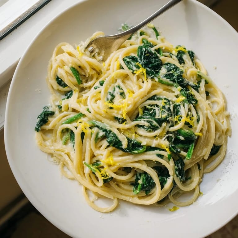 A fork twirls bright green spinach and thin noodles through a rich, tangy lemon cream sauce in a skillet.