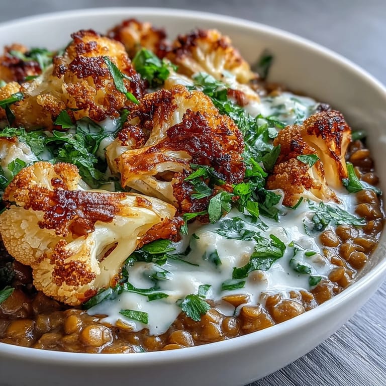 Hearty vegan Dhal with Cumin-Roasted Cauliflower garnished with fresh cilantro, served beside fluffy basmati rice for a comforting meal.