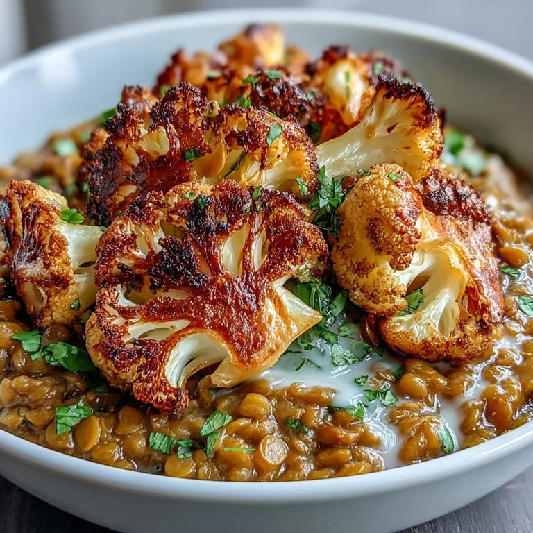 Vibrant red lentil Dhal with Cumin-Roasted Cauliflower showcases golden-brown florets and aromatic spices on a rustic wooden serving board.