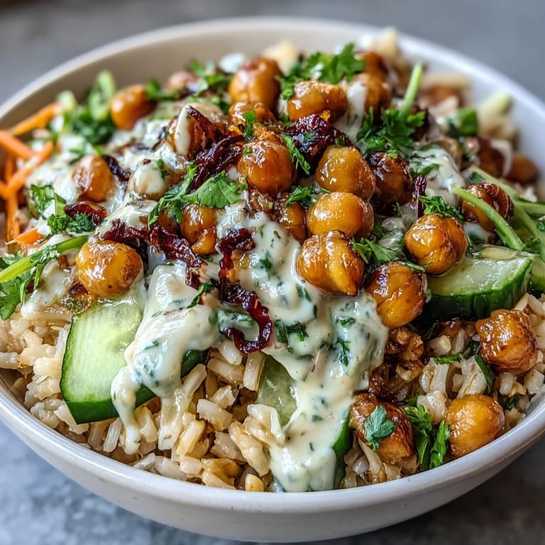 Peanut Chickpea Rice Bowl garnished with roasted peanuts and fresh cilantro, drizzled with a creamy peanut dressing for a protein-packed vegan meal.