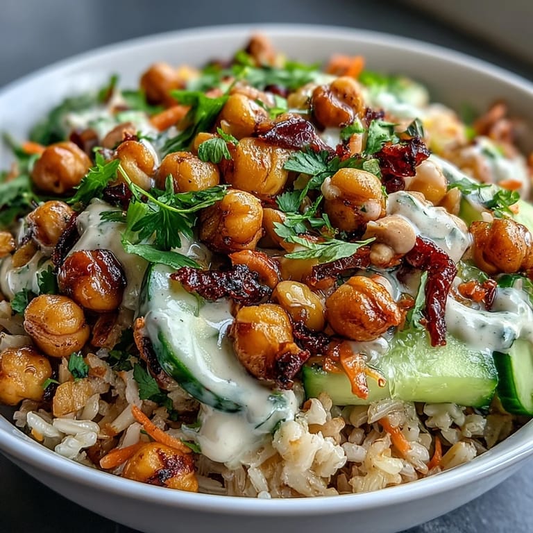Colorful Peanut Chickpea Rice Bowl served in a ceramic bowl, showing the textures of fresh vegetables and grains, ideal for a healthy weeknight dinner.
