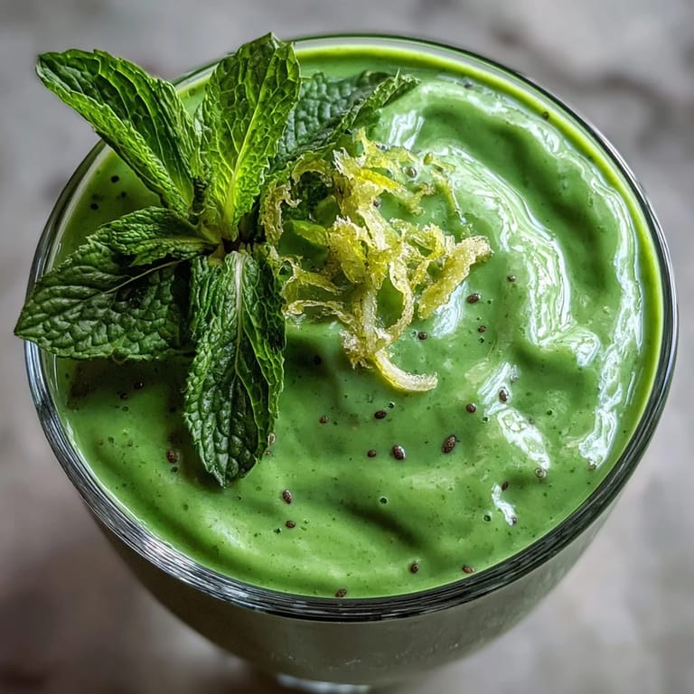 Chilled Green Detox Smoothie poured beside apple slices, spinach, and chia seeds on a rustic kitchen table.