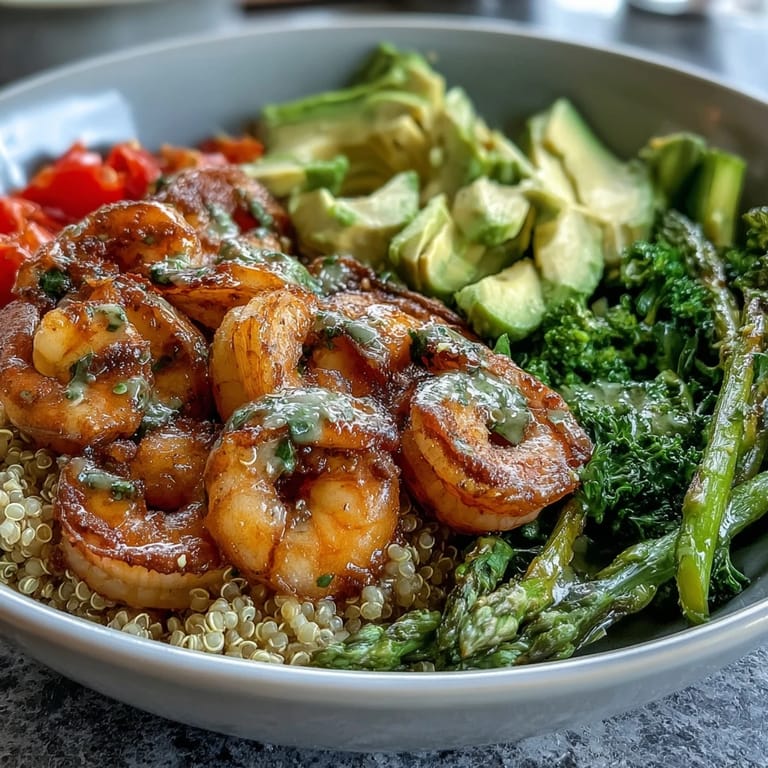 Succulent sautéed shrimp and fluffy quinoa make up this Detox Buddha Bowl, topped with red cabbage, tomato, and fresh herbs for a light meal.