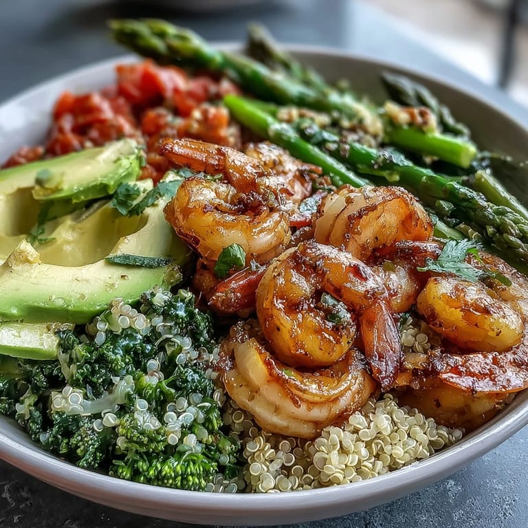 Colorful Detox Buddha Bowl with Shrimp and Quinoa served over greens, ready for a healthy lunch with zesty olive oil and balsamic dressing.