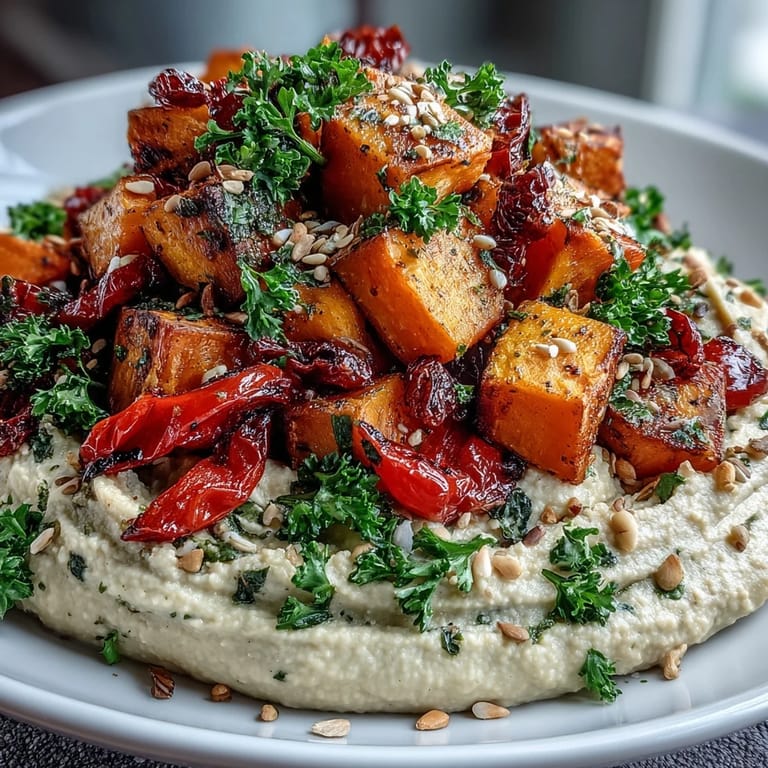 Golden roasted vegetables and crunchy seeds sit atop smooth, lemony butter bean hummus in this nourishing Roast Squash and Hummus Winter Salad.