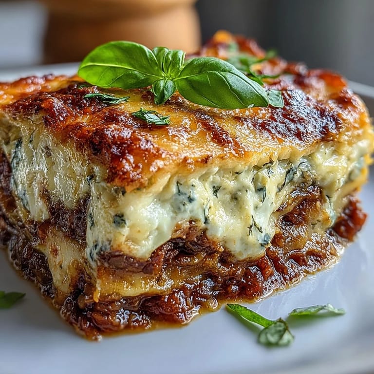 A slice of One-Pan Smoky Veggie Lentil Lasagne shows smoky lentils, vegetables, and creamy béchamel layers.