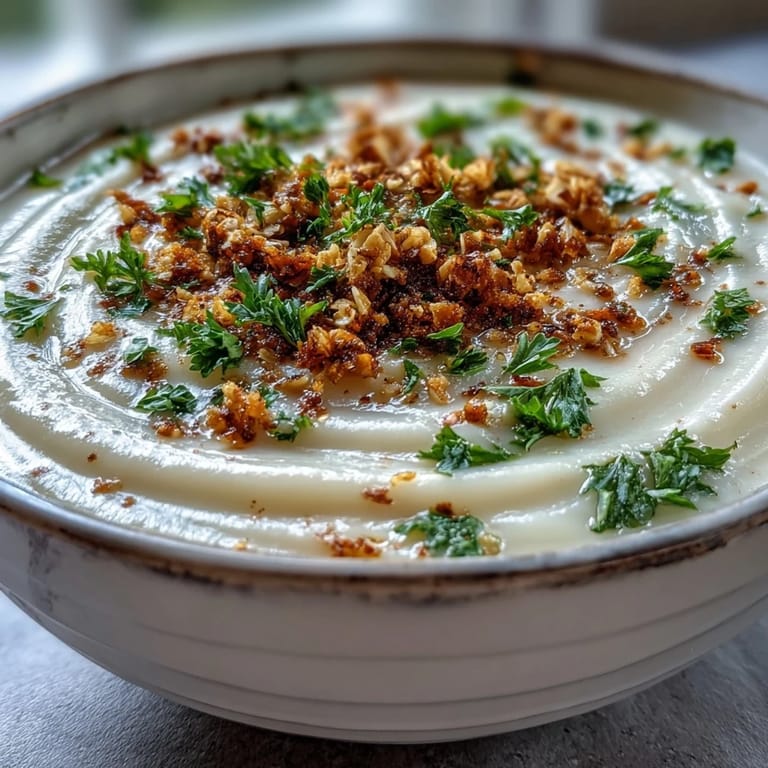 Rich Celeriac Soup with Hazelnut Crumble garnished with fresh parsley, highlighting the creamy texture and crispy topping.