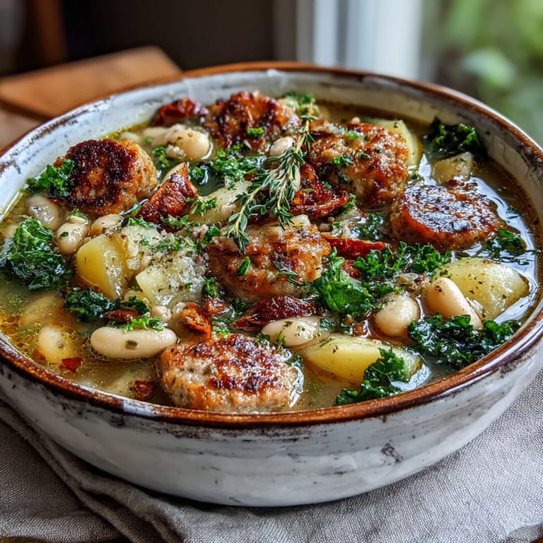 Hearty Tuscan White Bean Sausage Soup in a rustic bowl, topped with freshly grated Parmesan and served alongside crusty bread.