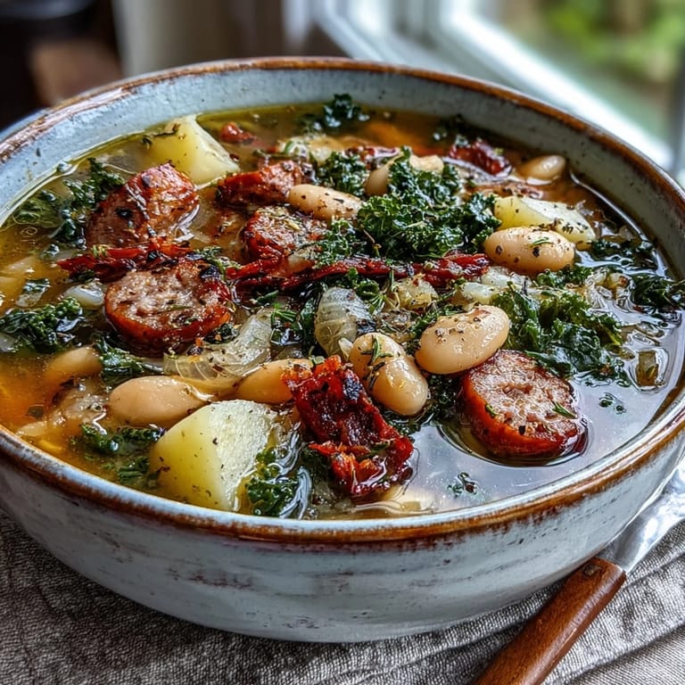 Close-up of Tuscan White Bean Sausage Soup featuring tender potatoes, carrots, and celery simmered in a rich, herbed chicken broth.