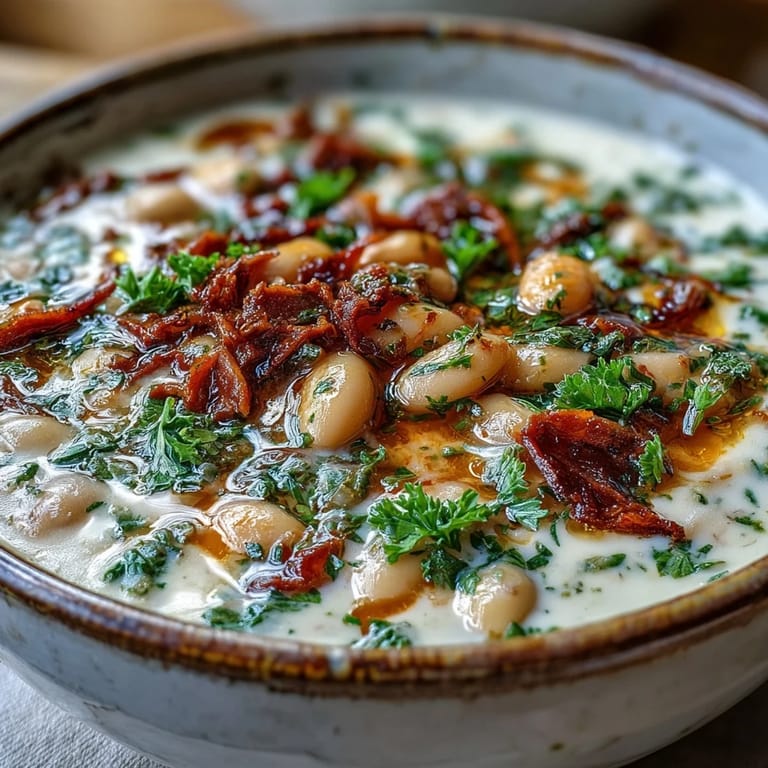 Comforting bowl of Creamy Tuscan White Bean Soup topped with grated Parmesan, ready to be enjoyed with crusty artisan bread on the side.