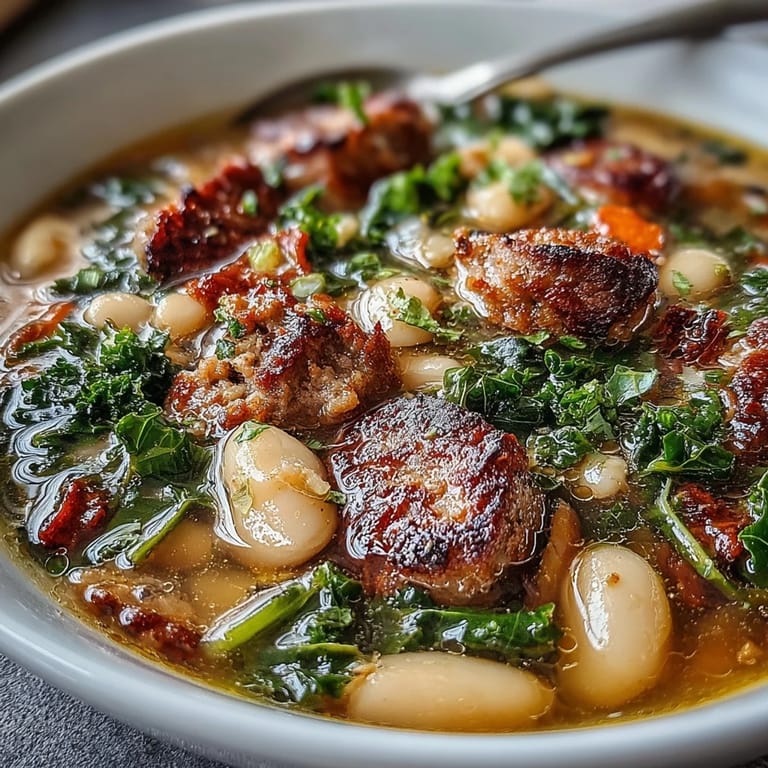 Italian White Bean Soup with Kale and Sausage, served hot with a rustic spoon beside crusty bread for dipping.
