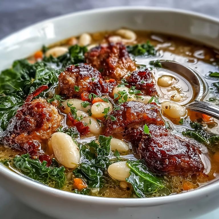 Creamy white beans and roasted garlic enhance this Italian White Bean Soup with Kale and Sausage for a cozy dinner.