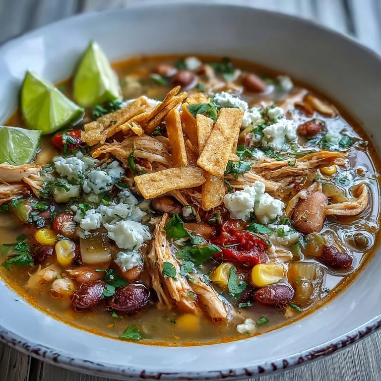 Overhead view of a ladle scooping up hearty Chicken Tortilla Soup with tender chicken, pinto beans, and corn in a rich, aromatic tomato broth.