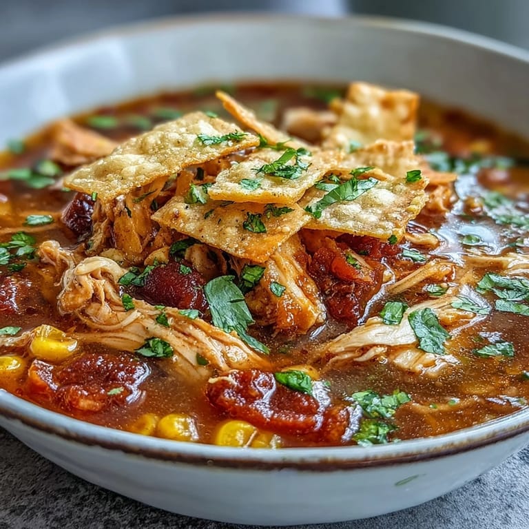 Close-up of shredded chicken and fire-roasted tomatoes in the Best Chicken Tortilla Soup, steam rising from a ladle.