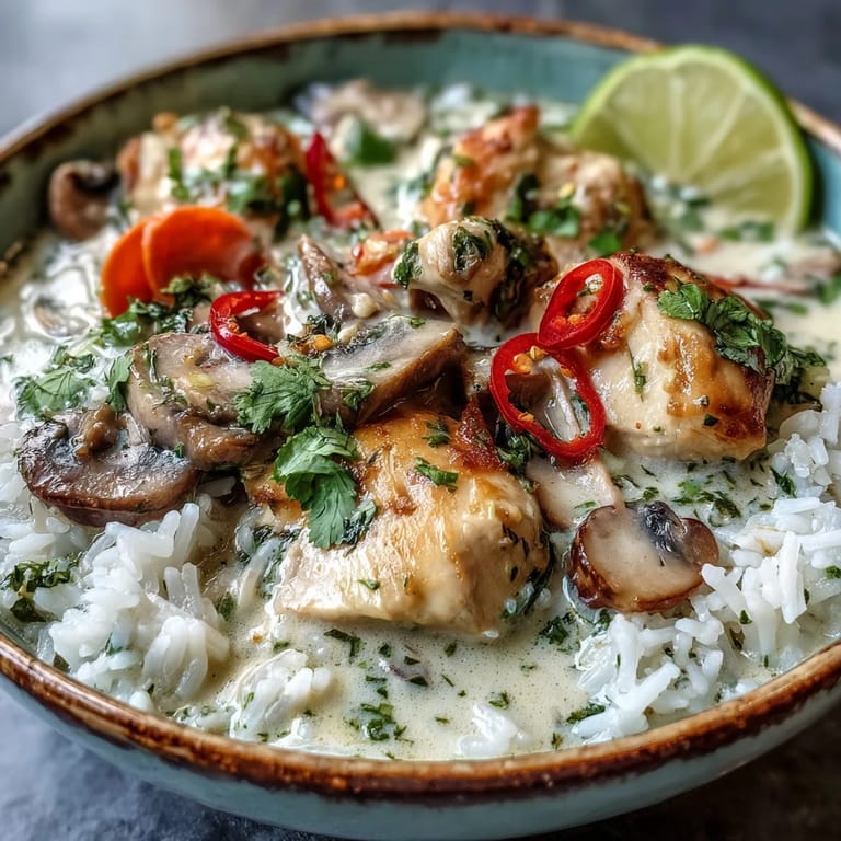 Hearty Thai Coconut Curry Soup with succulent chicken, earthy mushrooms, and sweet carrots simmered in aromatic coconut milk broth.