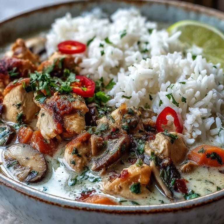 A steaming bowl of Thai Coconut Curry Soup features jasmine rice, red curry paste, and fresh herbs, served with a lime wedge.  