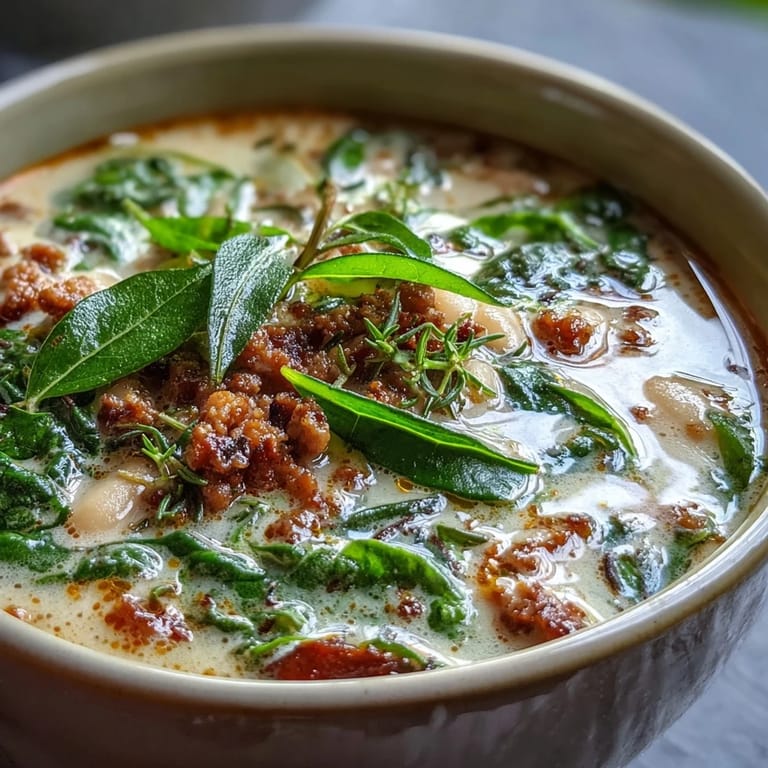 Hearty Tuscan-inspired white bean and sausage soup served in a rustic mug beside a thick slice of crusty bread for dipping.