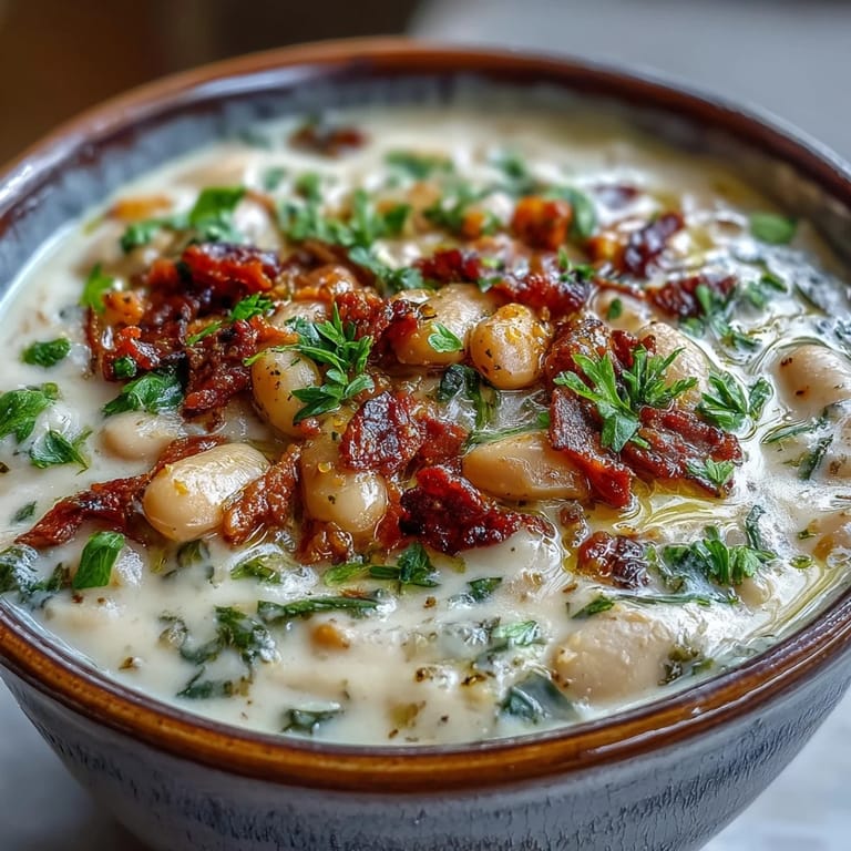 A rich and velvety Creamy Tuscan White Bean Soup ladle, revealing smooth puree, chunks of pancetta, and a drizzle of golden olive oil.