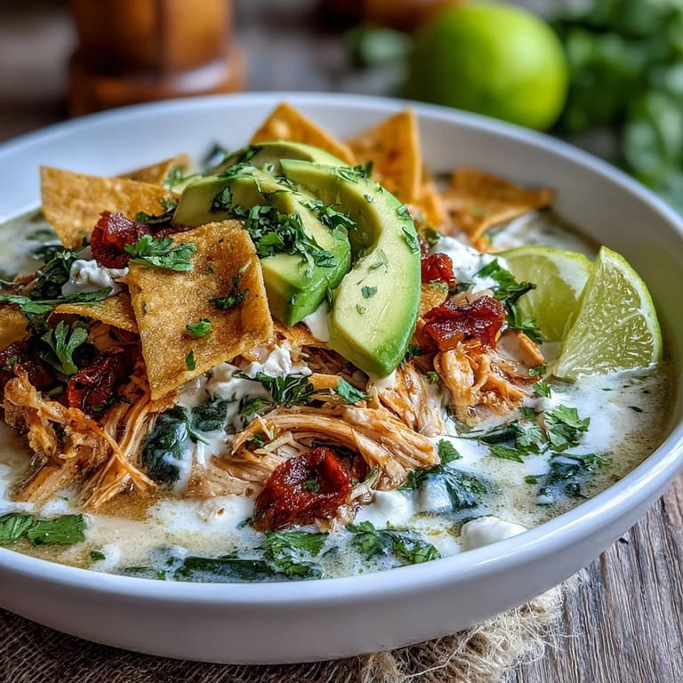 Hearty bowl of Creamy Chicken Tortilla Soup with lime wedges, shredded chicken, and creamy avocado ready for a cozy dinner.  