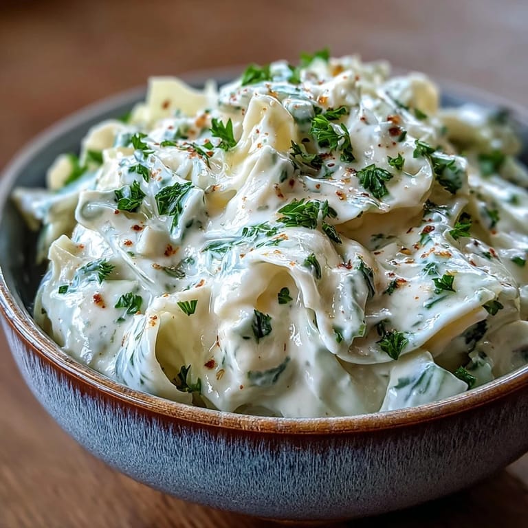 Tender cabbage in creamy sauce with nutmeg, served as a comforting side dish.