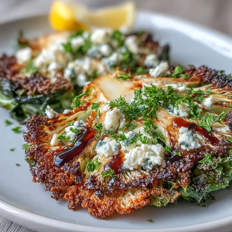 Plated Crispy Cabbage Steaks With Feta and Balsamic beside grilled chicken, garnished with fresh parsley and lemon zest for a bright finish.
