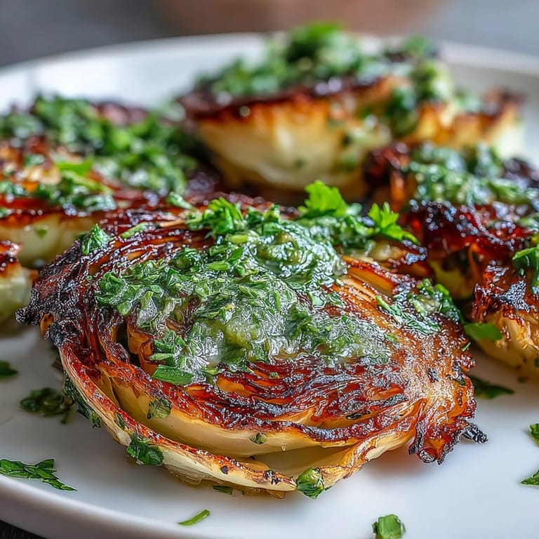 Thick, caramelized Cabbage Steaks With Jalapeño Chimichurri served beside lemon wedges on a rustic wooden table.