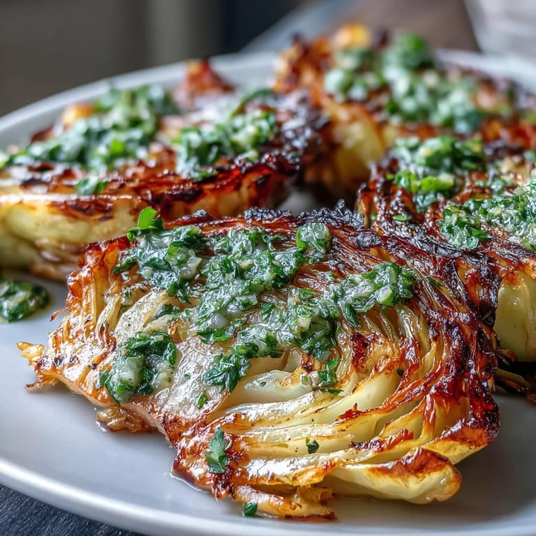 Close up on crispy edged Cabbage Steaks With Jalapeño Chimichurri showing droplets of zesty chimichurri sauce.