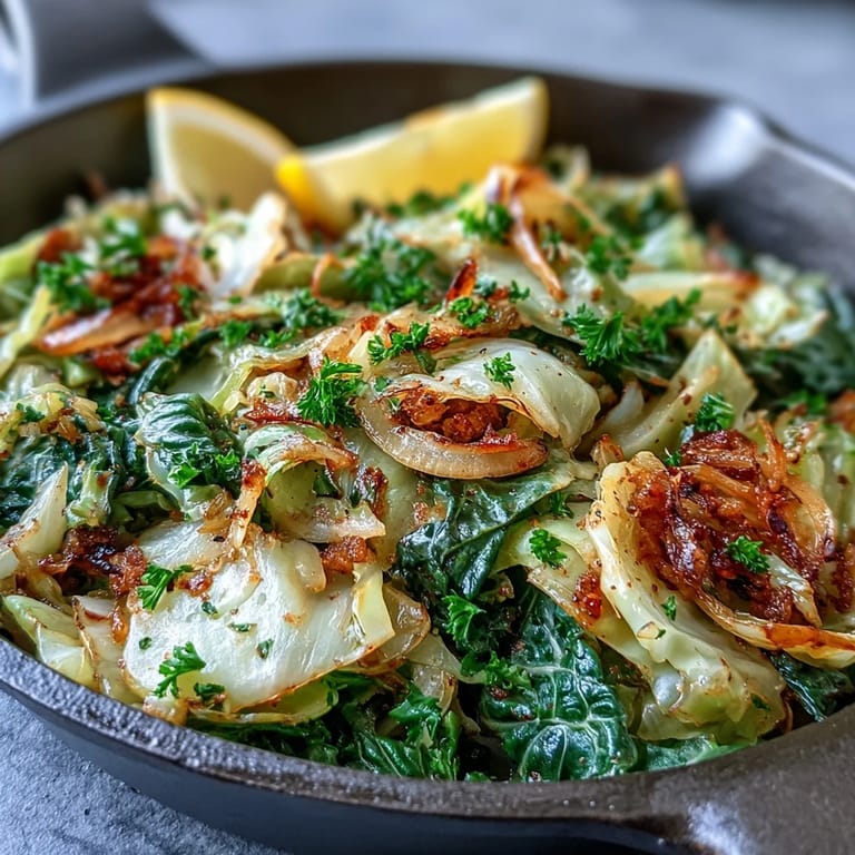 Brightly plated Sautéed Cabbage With Garlic and Mediterranean Spices, offering a quick, vegan side with golden edges and aromatics.