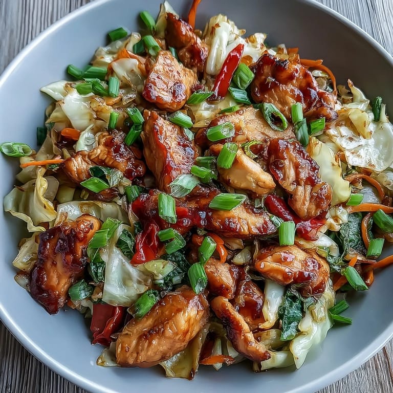 Freshly made Chicken Cabbage Stir-Fry featuring crisp cabbage and carrots tossed in a savory, umami-rich sauce.