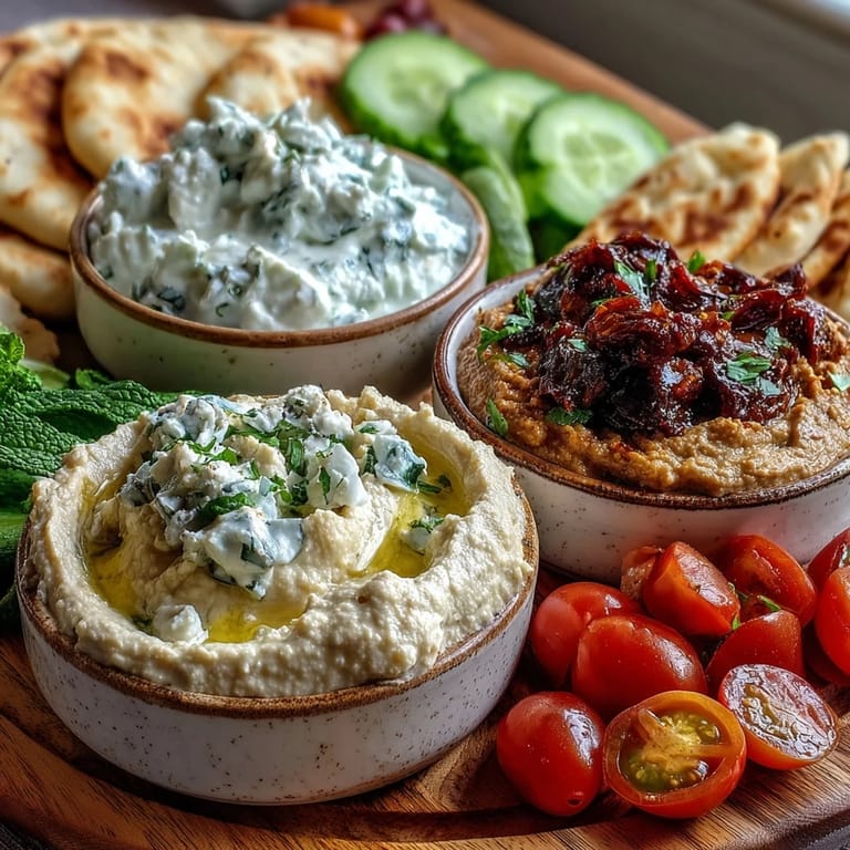 Colorful Mediterranean brunch board loaded with dips, feta, olives, nuts, and fresh flatbread, perfect for sharing at a weekend gathering.