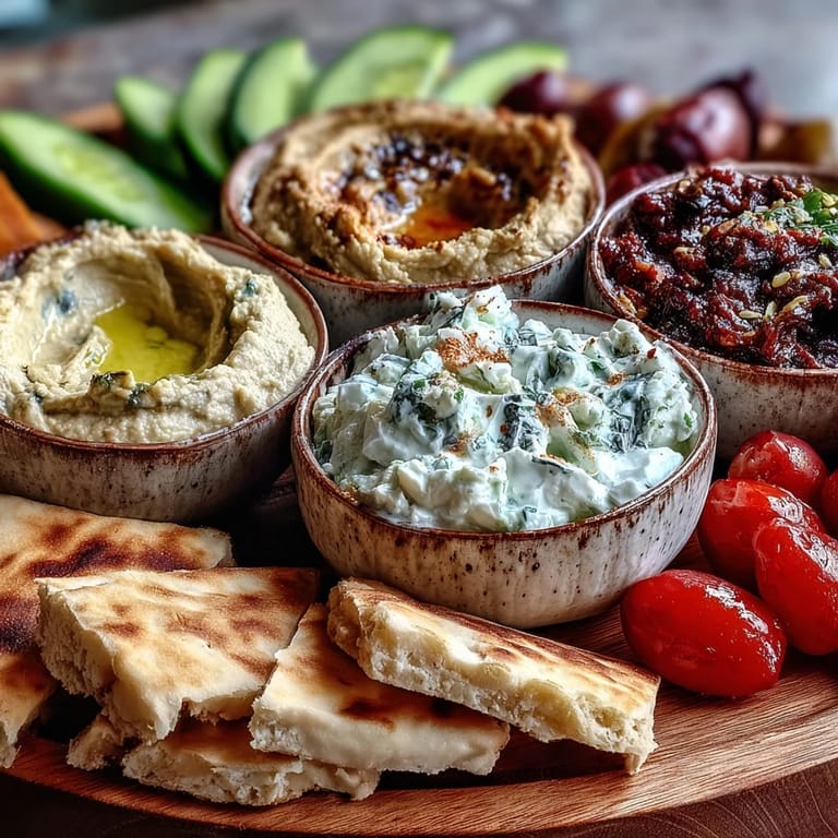 Close-up of a Mediterranean brunch board showing hummus and tzatziki with crisp cucumbers, cherry tomatoes, and olive oil drizzled flatbreads.