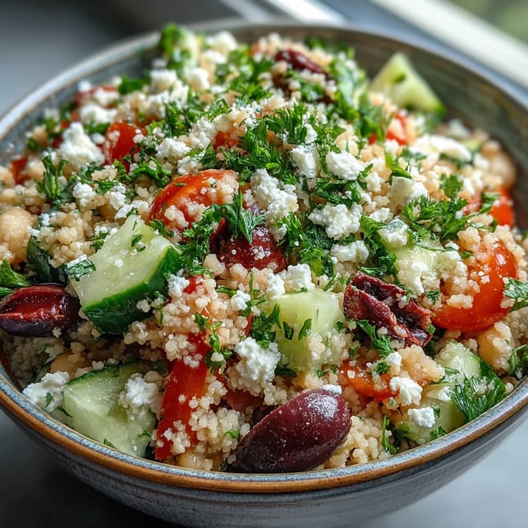 A close-up of Mediterranean Pearl Couscous with halved cherry tomatoes, briny kalamata olives, and crumbled feta, garnished with fresh parsley for a bright finish.
