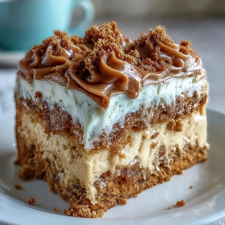 A close-up view of Decadent Baked Biscoff Cake with Creamy Lotus Frosting, highlighting the silky, piped Lotus spread frosting and a crumbly Biscoff cookie garnish.