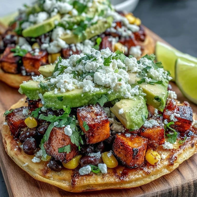 Stunning overhead view of vegetarian Black Bean and Sweet Potato Tostadas with fresh cilantro and lime wedges.