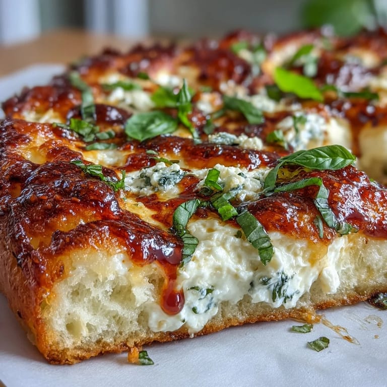 A close-up of Hot Honey Ricotta Pizza drizzled with warm, spicy honey, fresh basil, and melted, bubbly cheese.