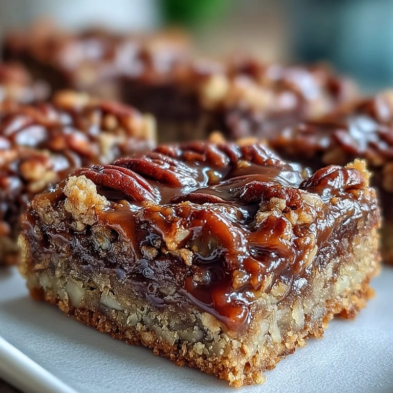 A close-up of Decadent Sweet and Chewy Turtle Bars with Chocolate and Caramel shows melted chocolate pooling between toasted oats and pecans.