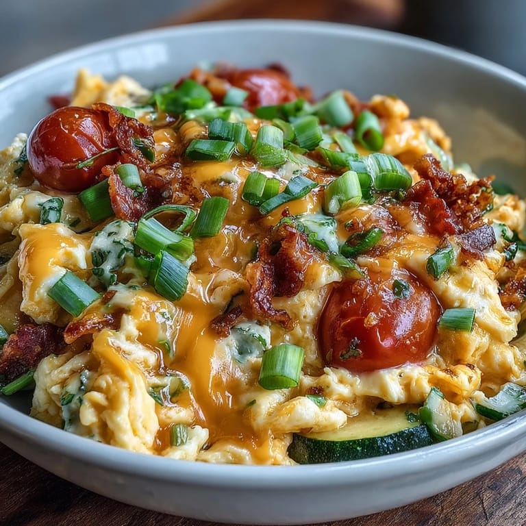Ready-to-eat Scrambled Egg and Veggie Bowl topped with green onions and red pepper flakes, served warm for breakfast.