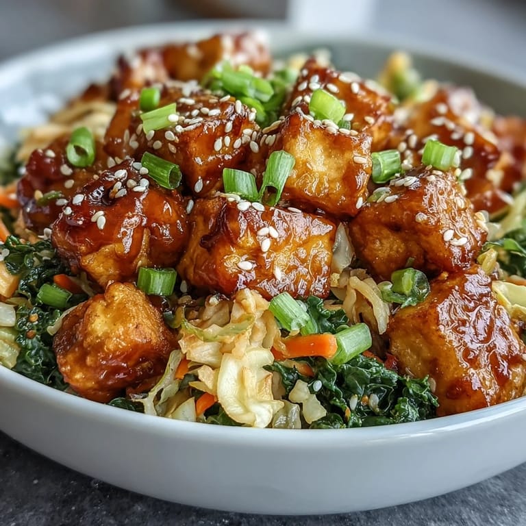 A close-up of a nutritious Tofu Egg Roll in a Bowl highlights julienned carrots and green onions, garnished with sesame seeds and chili flakes.