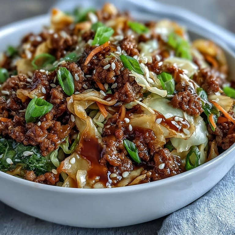 Spicy Egg Roll in a Bowl served hot in a white bowl, topped with sesame seeds and fresh green onions.
