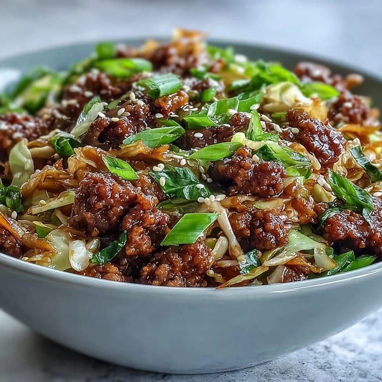Easy one-pan Egg Roll in a Bowl meal prep, low-carb and gluten-free, featuring sautéed cabbage, carrots, and savory sauce.