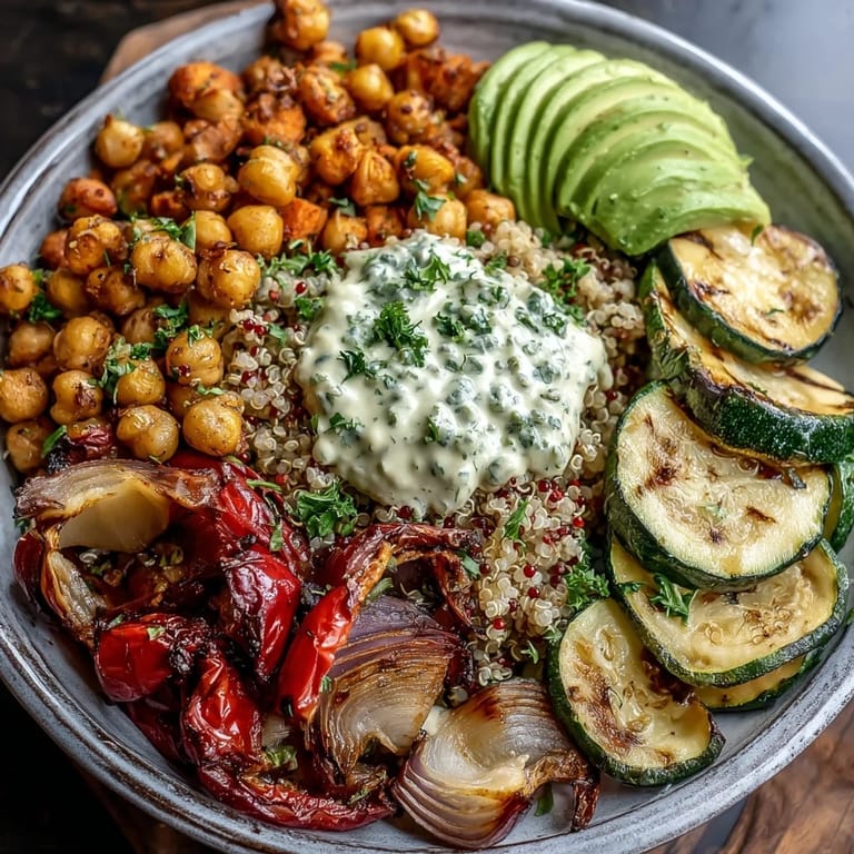 Crispy chickpeas, roasted veggies, and fresh avocado garnish a hearty Roasted Chickpea Power Bowl.