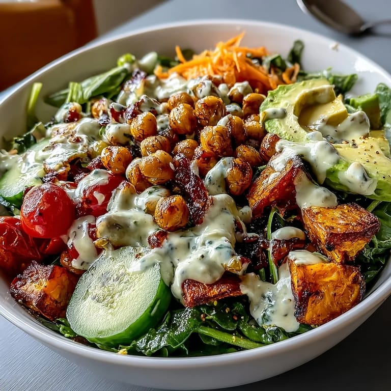 A vibrant and healthy Buddha bowl packed with roasted chickpeas, avocado, and a rich, nutty tahini dressing.