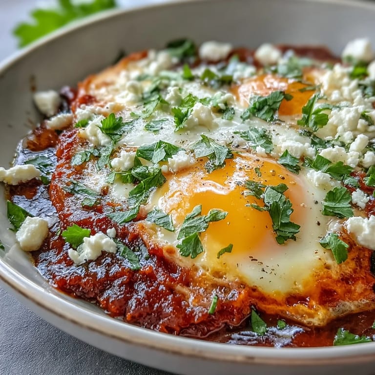 Rich, savory shakshuka bowl featuring runny egg yolks nestled in a fragrant tomato and pepper sauce, perfect for dipping with soft, toasted pita wedges.