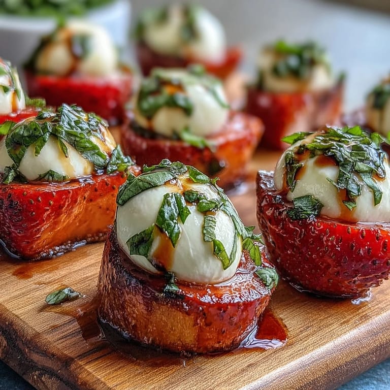 Vibrant strawberry and mozzarella caprese skewers with fragrant basil, finished with a glossy balsamic glaze, ideal for easy entertaining or light appetizers.
