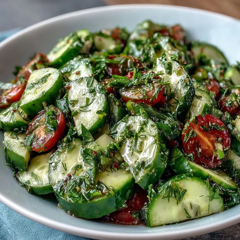 A vibrant mix of crunchy cucumbers, peppery radishes, and fresh dill, perfect as a light vegetarian side dish.  