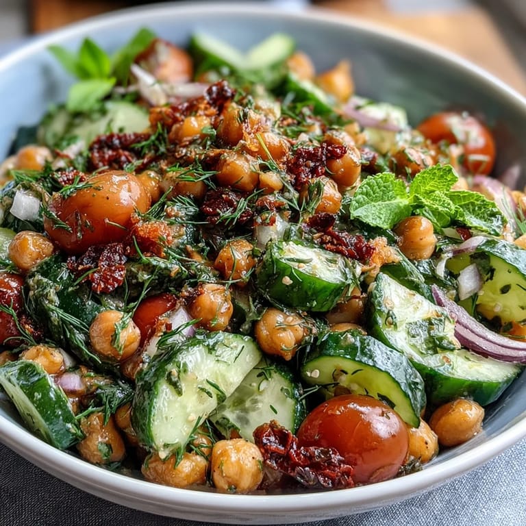 Bright and refreshing Healthy Easy Cucumber Chickpea Salad with Lemon Vinaigrette, featuring crisp cucumbers, juicy cherry tomatoes, and a tangy citrus vinaigrette.