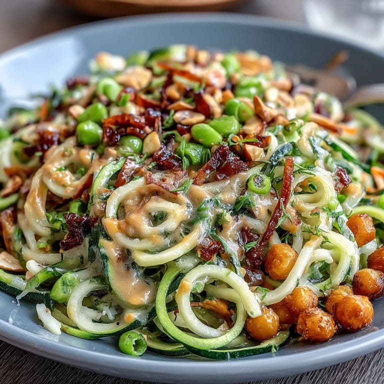 Zucchini noodles tossed with crunchy bell peppers, snap peas, and carrots in a savory peanut sauce. A quick, nutritious vegetarian meal.  